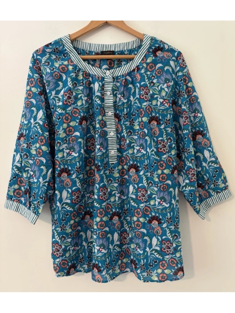 Talbots Women Jacobean Floral Popover Blouse Teal Boho Coastal Resort Sz XL NWT